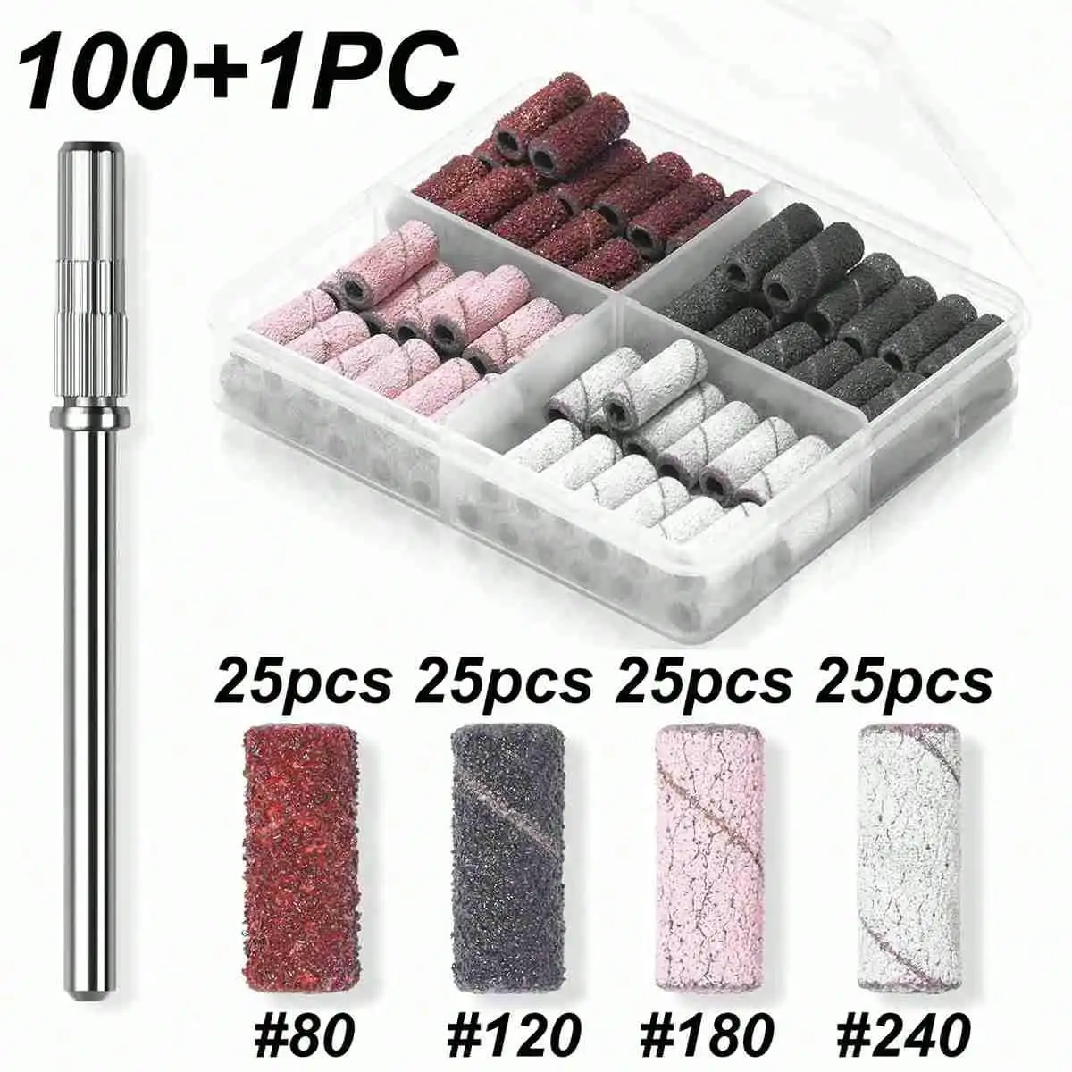 

100+1pcs 4 Sizes Nail Drill Bits Set with Small Clamps, 3mm Mini Sanding Wheels. Electric Nail Grinder Manicure Tools & Accessories for Salon & Home.