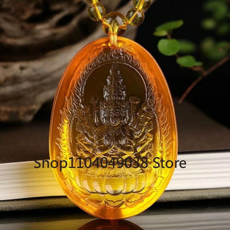 Golden Amber Eight Guardian Gods Thousands of Hands Avalokitesvara Bodhisattva Zodiac Rat Native Life Buddha Pendant Necklace