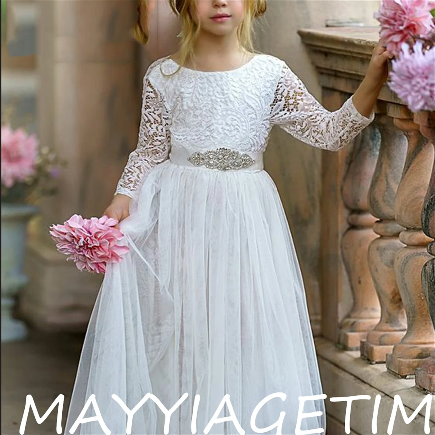 Gardenwed A-line Ivory Lace Flower Girl Dresses Tulle Appliques Communion Dress Kids Satin Bow Sashes Celebrity Dresses,Vestidos