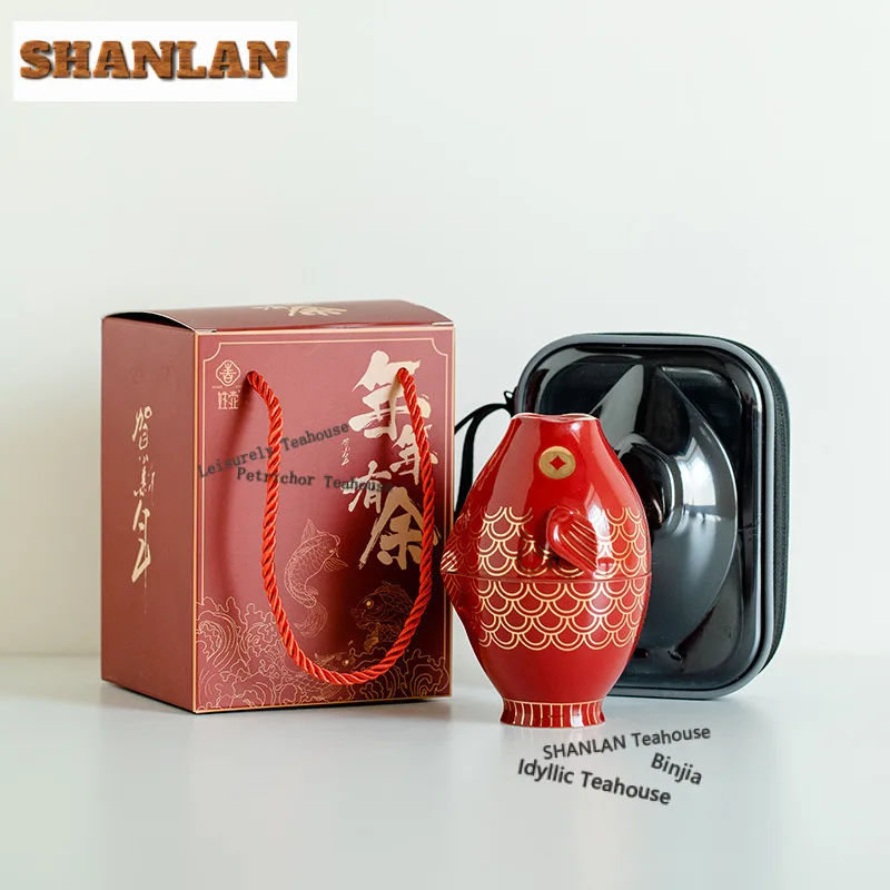 

Ceramic Fish Cup Travel Tea Set Kit Traditional 1 Pot 3 Cups Tea Maker Organizer Portable Picnic Tote Bag Supplies Ornaments