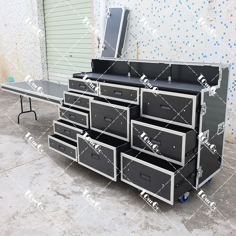 Portable Mobile Customized 11 Drawers Case Trunk Road Case Tool Flight Case With Siding Table and Socket