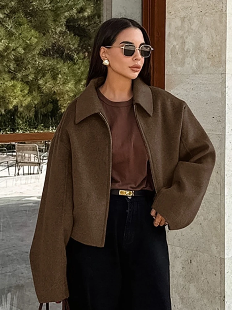 

Fashion Brown Zipper Woolen Jacket for Women Elegant Lapel Long Sleeve Short Coats Female Vintage Autumn Lady Street Outerwear