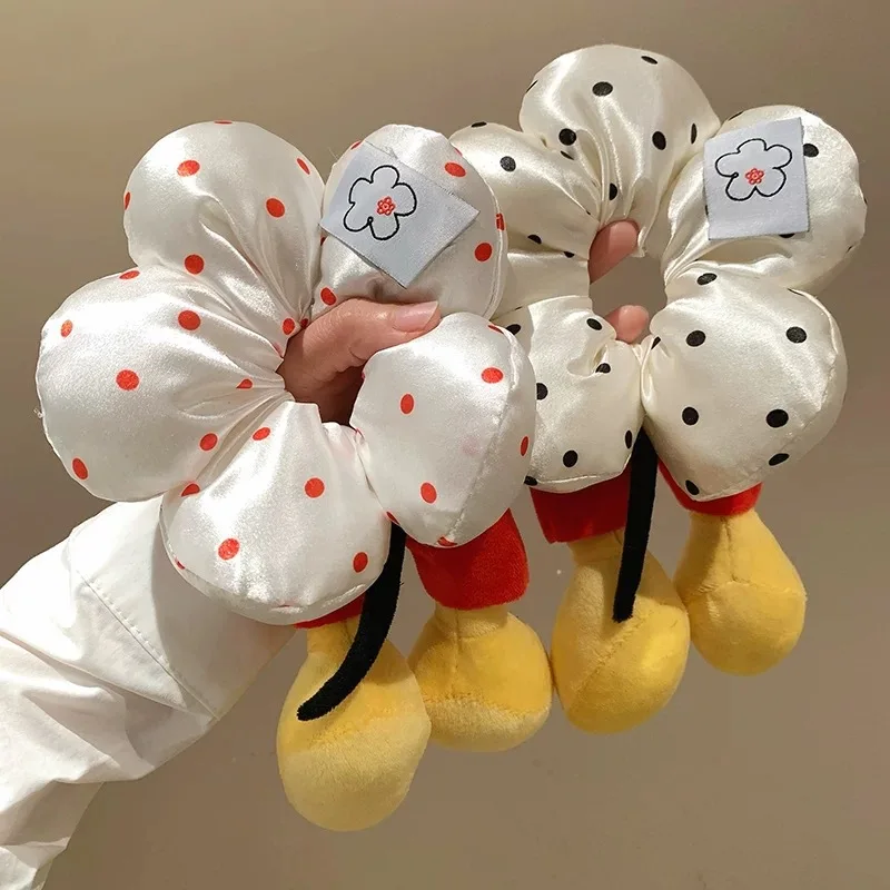 

Disney Mickey Mouse Bow Hair Tie with Cartoon Floral Polka Dot Design Cute Plush Bun Hair Accessory for Girls