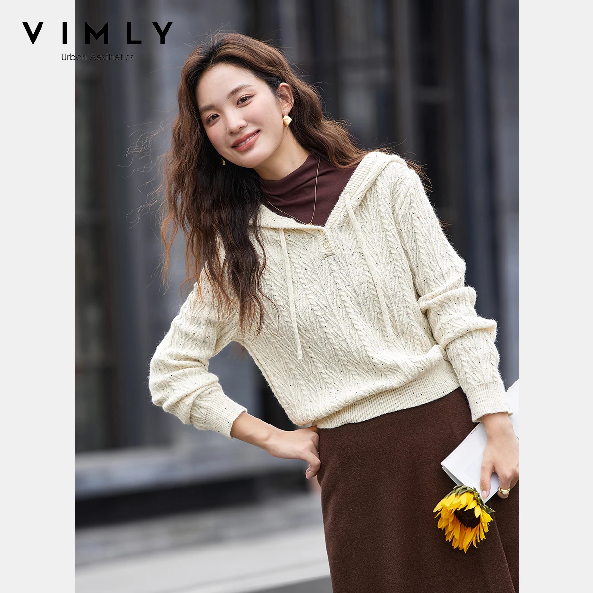 VIMLY Aprikosen-Kapuzenpullover Herbst 2025, neuer lässiger Strickpullover mit Kordelzug, eleganter Langarm-Tops für Damen 75090