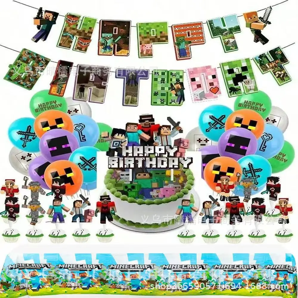 33pcs a set for Minecrafte Happy Birthday Banner Party Decoration Anime Spiral Ornament Cake Topper Supplies Party Supplie Toy