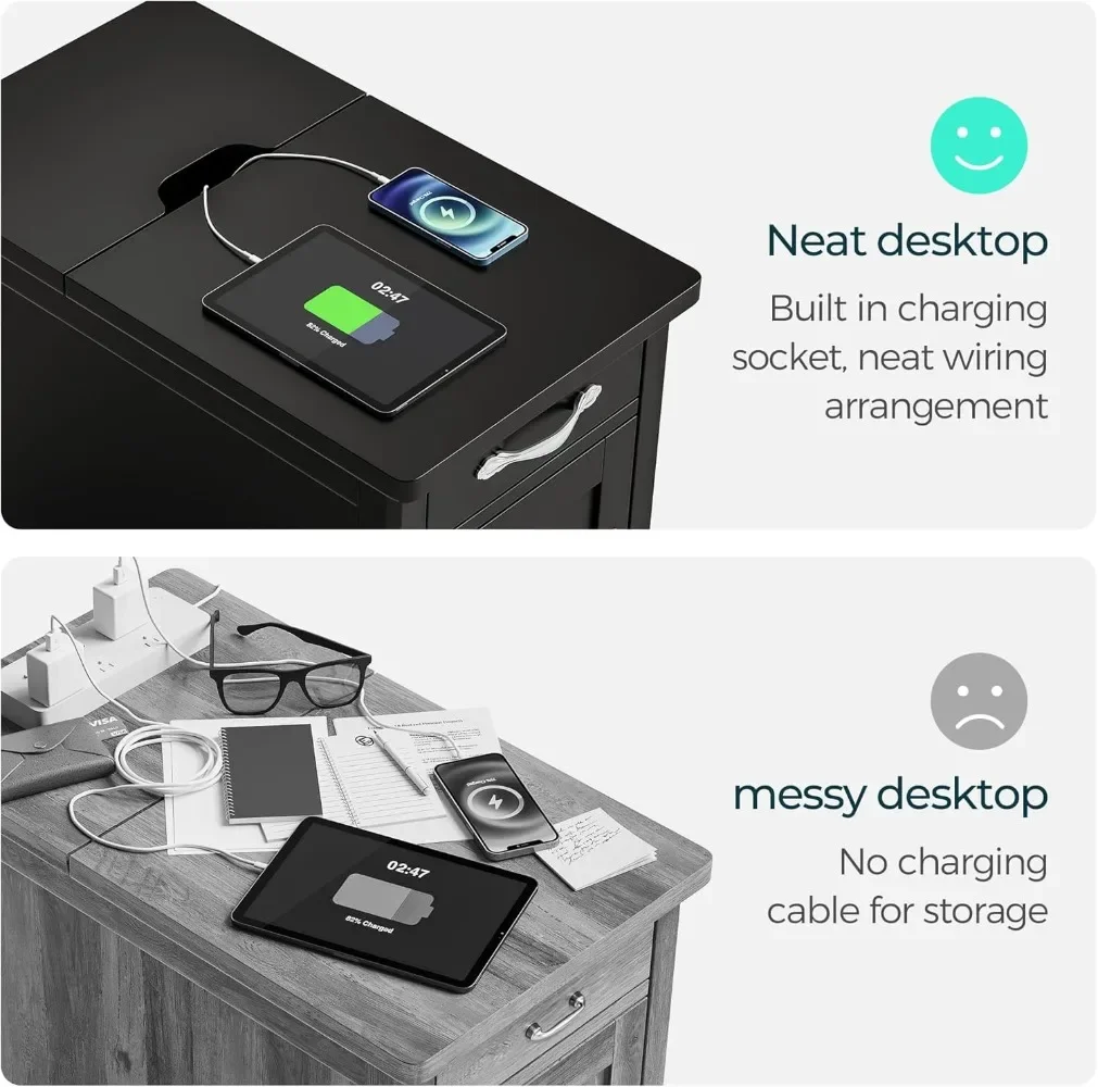 Farmhouse End Table with Charging Station, Narrow Side Table for Living Room, Sofa Side Table with Drawer and Storage Cabinet