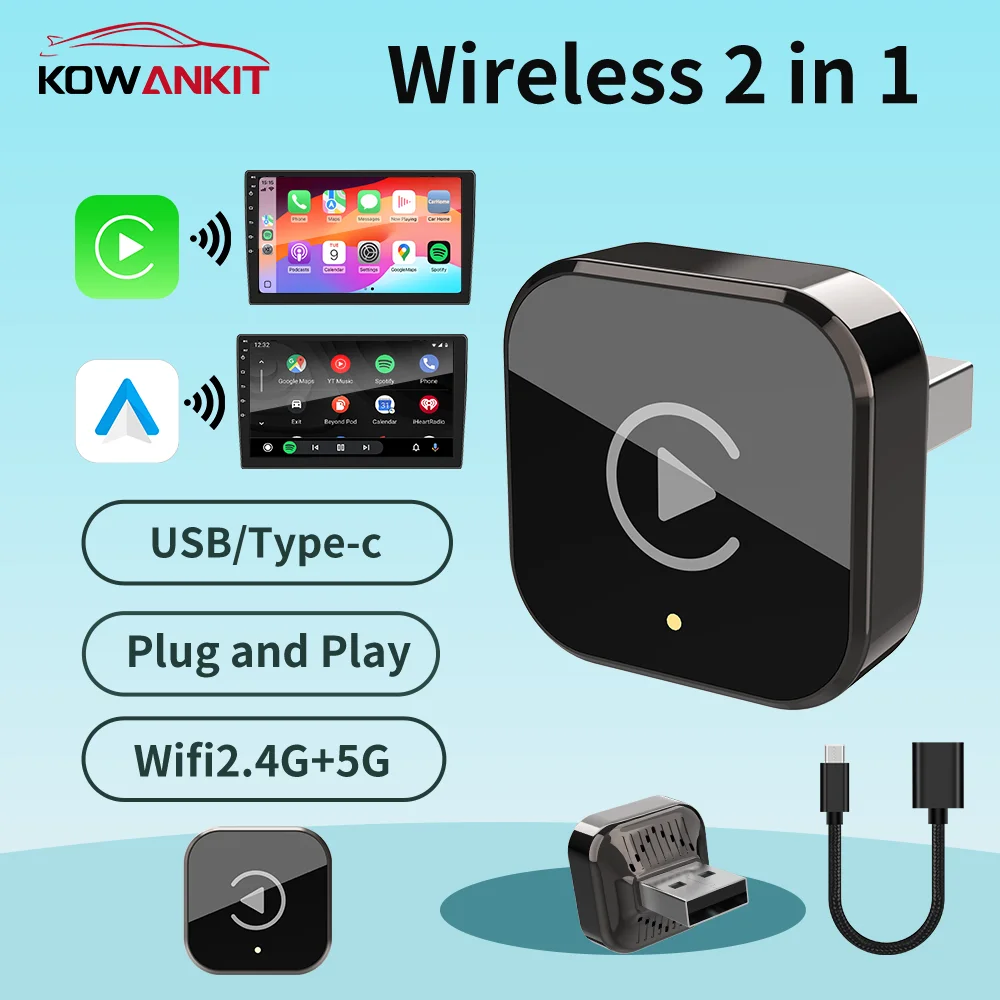 KowanKit Wireless Carplay Adapter Android Auto 2 in 1 Dongle Smart Mini Usb Ai Box Plug & Play Fits Cars From 2016+