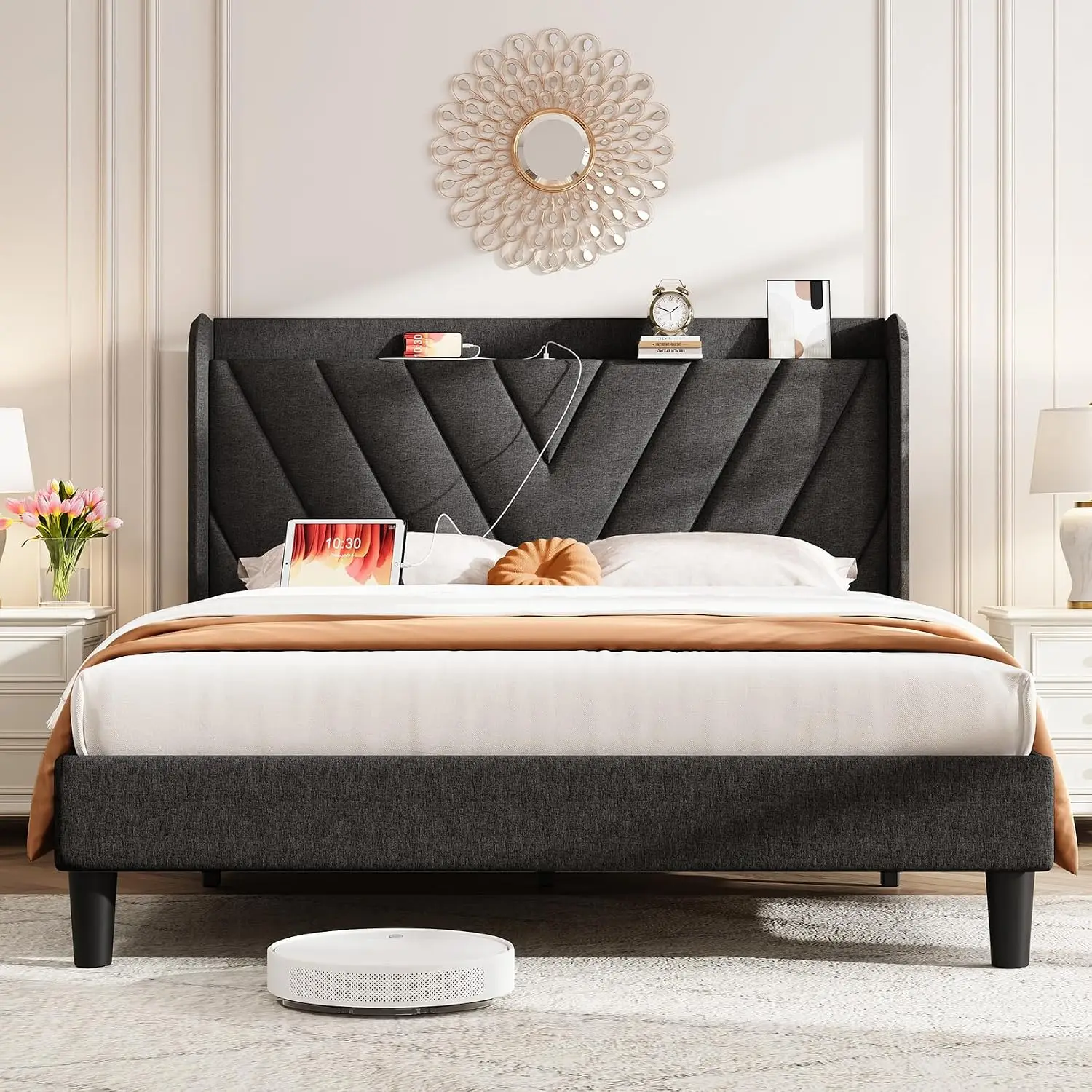 Queen Bed Frame With Headboard, Adjustable Upholstered Platform Bed Frame With Type-C&USB Ports, Wingback Storage, Customized