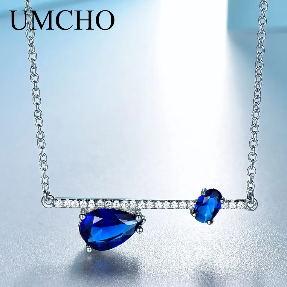 

UMCHO Trendy Genuine Sapphire Blue 925 Sterling Silver Jewelry Women Necklaces for Party Gift