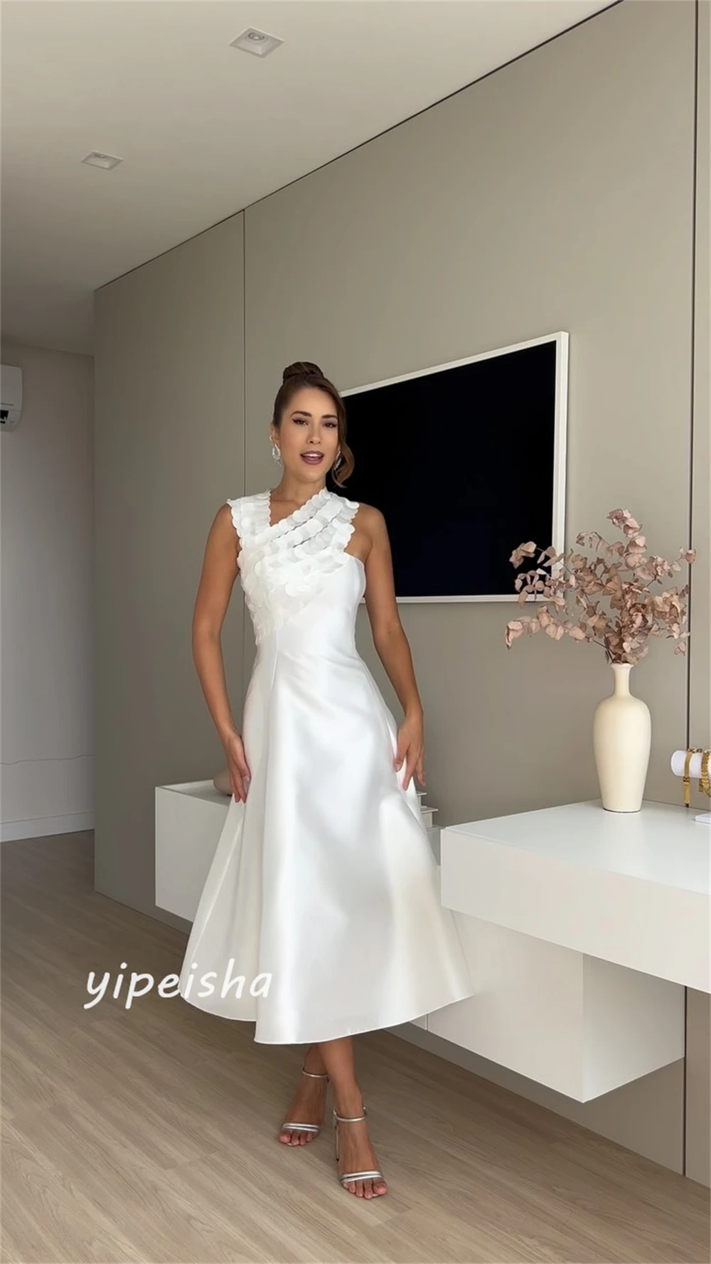 Satin Pattern Ruched Birthday A-line V-neck Bespoke Occasion Gown Midi Dresses