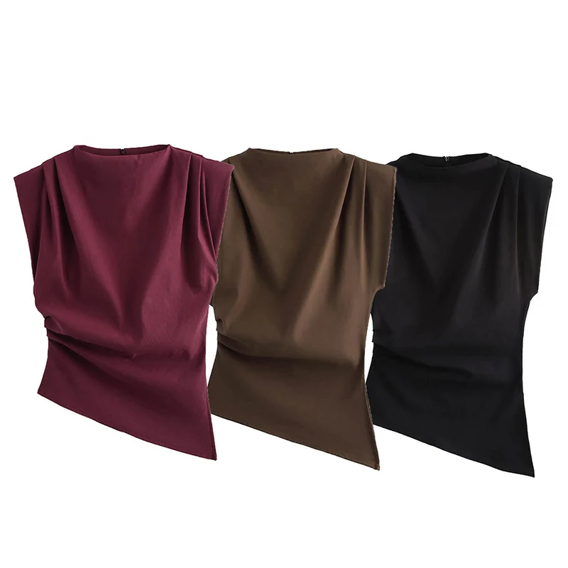 Round Neck Slim Fit Tank Top with Fashionable and Sexy Slanted Edges Simple Pleats Strapless Decoration Soft Padded Shoulder Top