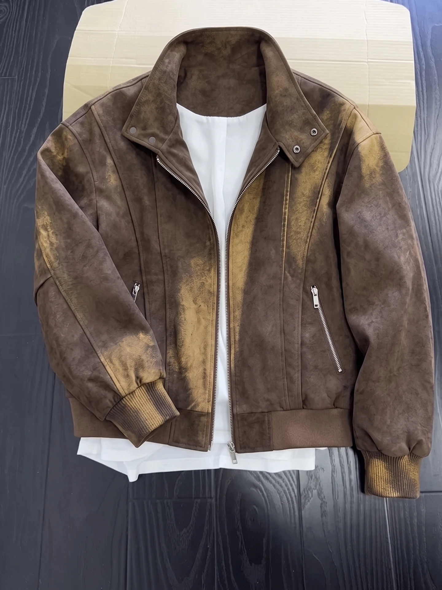 Caramel Mermaid Dye Leather Jacket Men's Style Autumn Boxy Deconstructed Patchwork Stand Collar Baseball Uniform High-End Fee...