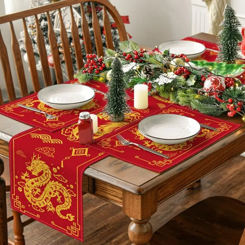 Chinese Zodiac Dragon 2024 New Year Linen Placemats Table Decor New Year Party Table Mats for Dining Table Kitchen Accessories