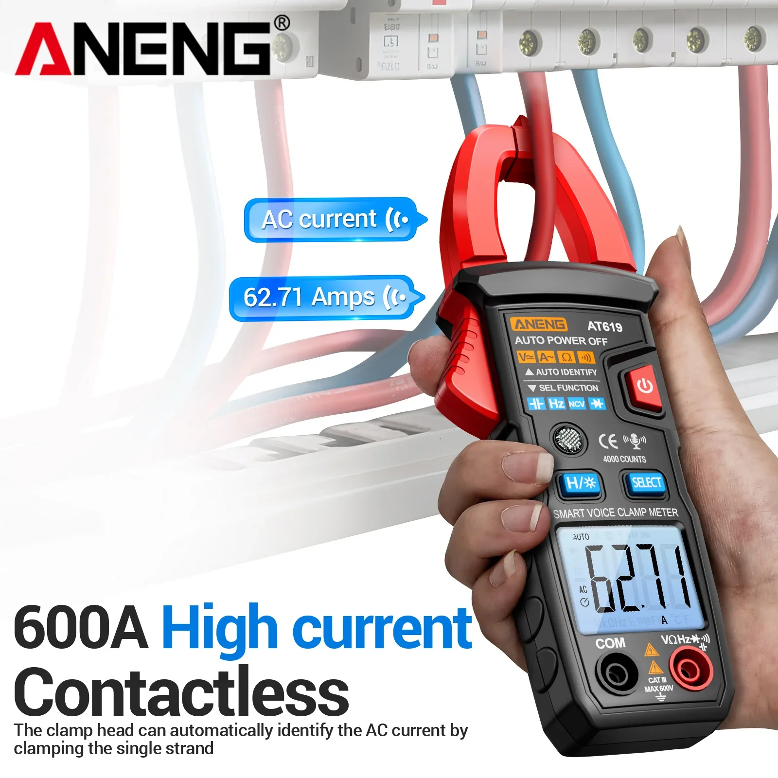 ANENG AT619 Voice Broadcast Clamp Meter 4000 Counts NCV AC/DC 600V 600A Diode Continuity Backlight Auto Off Electrician Tester