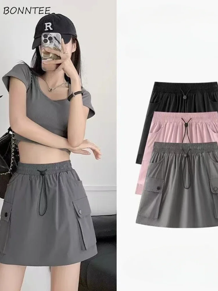 

Cargo Mini Skirts Women Multi-pockets Design Casual Fashion High Waist Drawstring Versatile American Retro Unisex Юбка Широкая