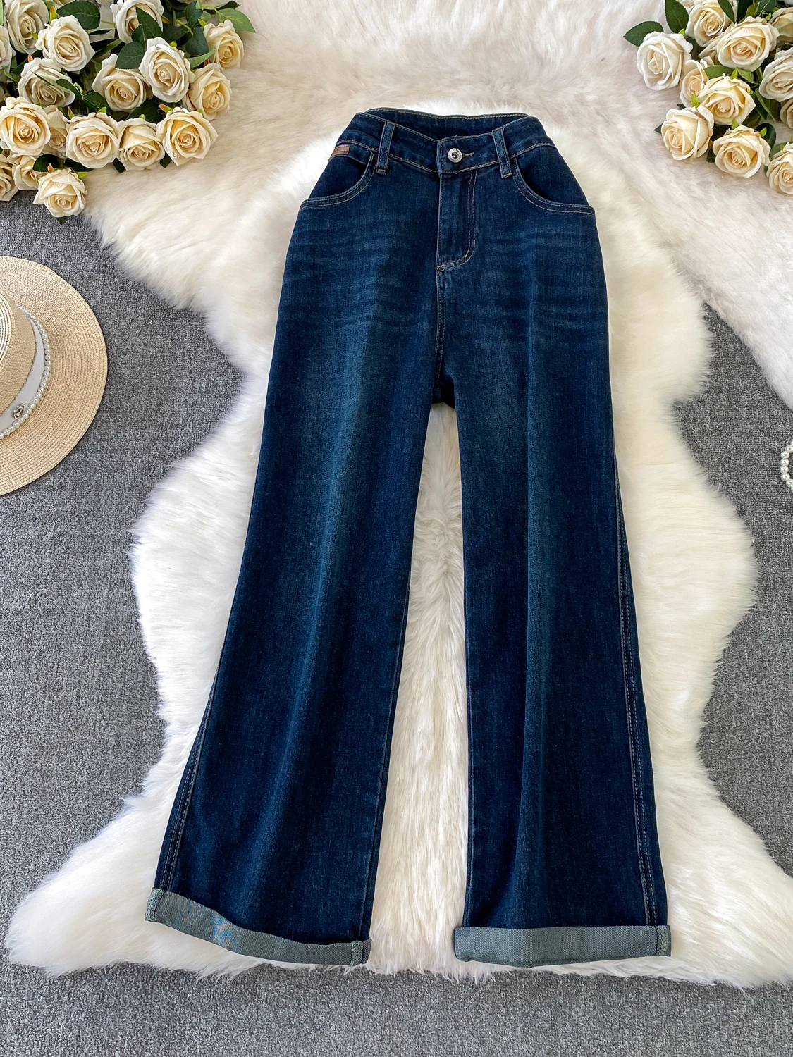 Amerikanische Retro-Jeans mit hoher Taille für Damen, lockere Hose mit geradem Bein, lässige Herbst-Winter-Faion-Hose in Übergröße mit Bündchen und weitem Bein