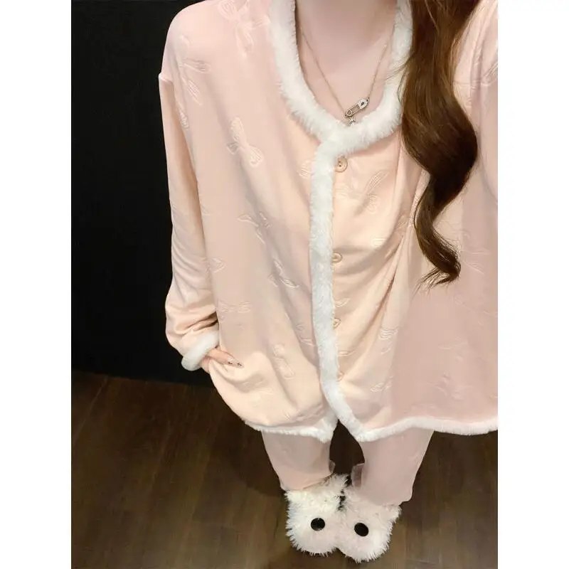 

Женская одежда, пижамный комплект, брюки с длинными рукавами, бархатный флис, женская осенне-зимняя утепленная домашняя одежда, сохраняющая тепло, минималистский стиль