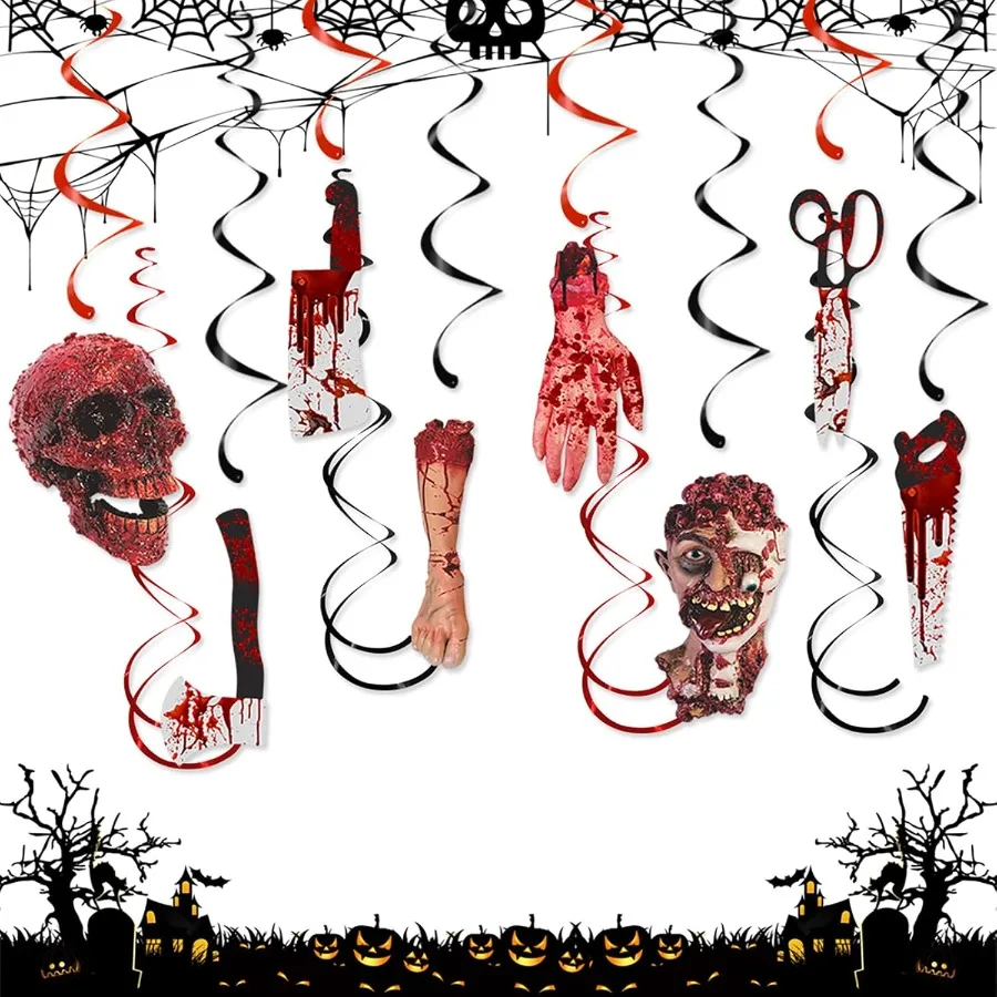 Guirnalda de decoración de fiesta para interiores y exteriores, 12 Uds., calaveras espeluznantes, esqueleto de zombi, Casa Encantada, serpentinas de remolino B