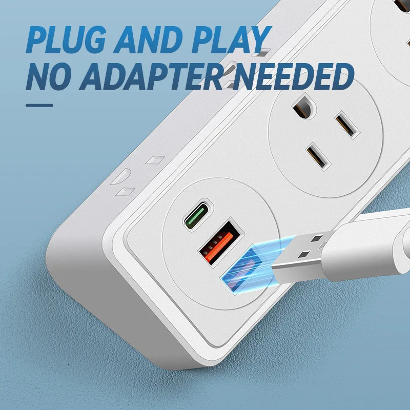 Melery US Power Strip Proteção contra sobrecarga Cabo de extensão de 1,5 M Canadá México Bar 6 Tomadas Plug com USB Tipo-c para Home Office