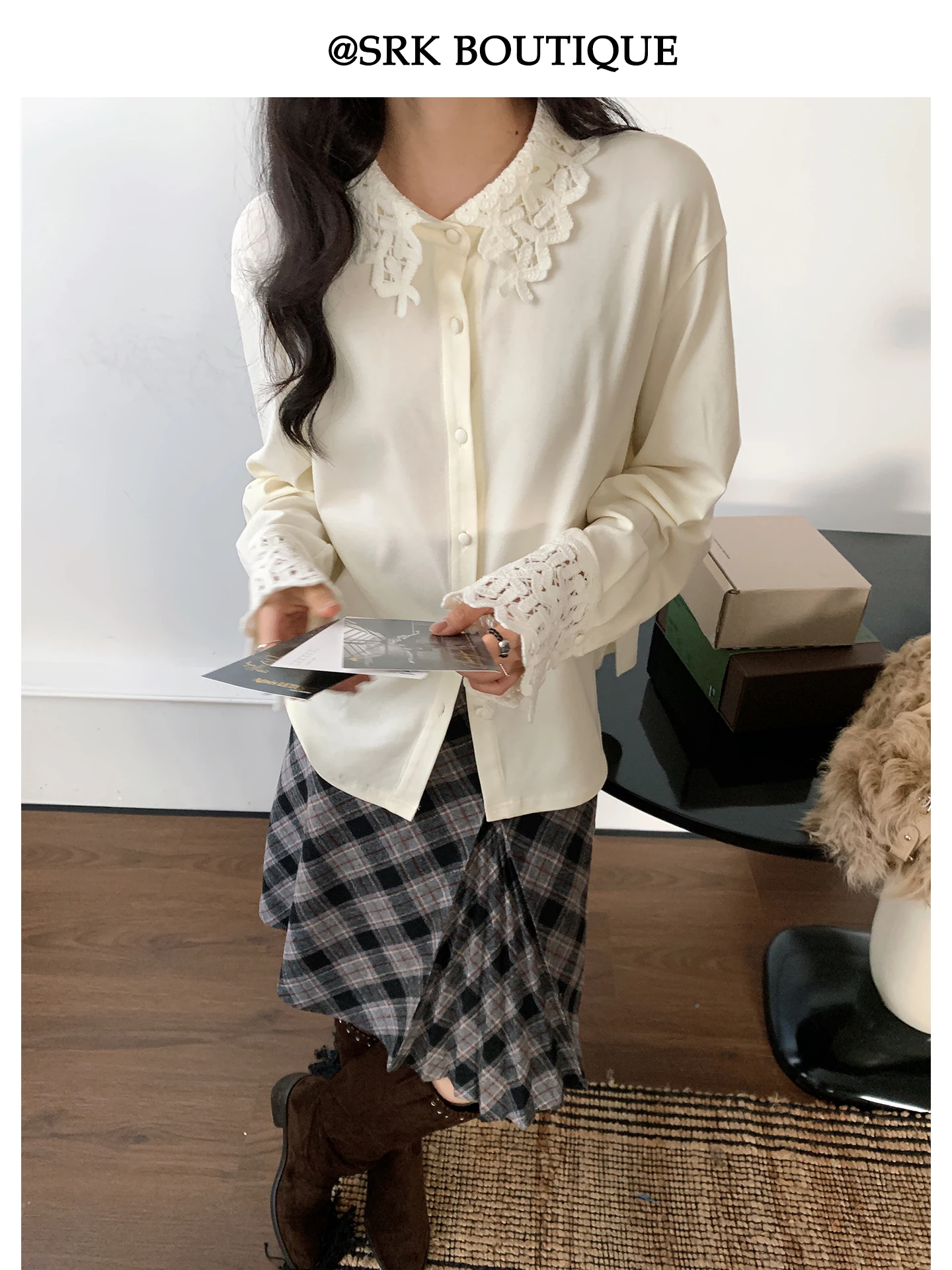 

Ele SRK Lace Hollow out Long Sve irt French Sle Loose Fit Embroidered Breathable Skin-Friendly Casual Top for Women