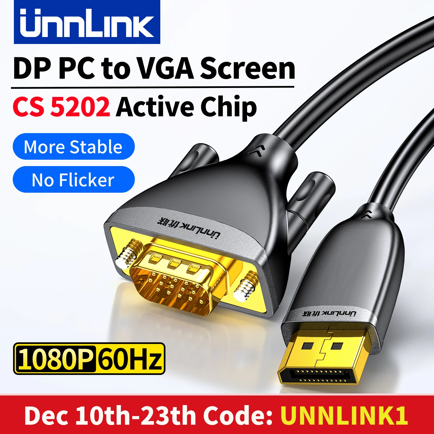 

Unnlink Active DP to VGA Cable, 1080P DisplayPort Computer/Laptop to VGA Monitor/Projector Converter 1.8m/5.9ft
