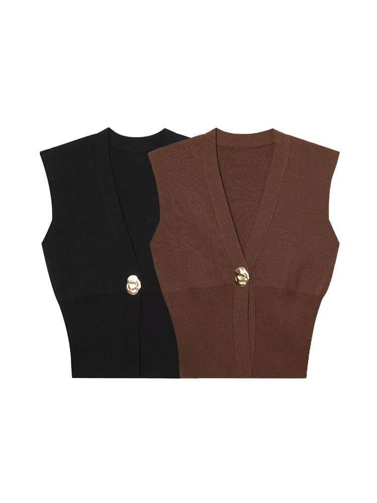 

GELITAYIN Women's Fashion V-Neck Sleeveless Knit Vest Sweater With Front Button Detail Fitted Waist Chic Top