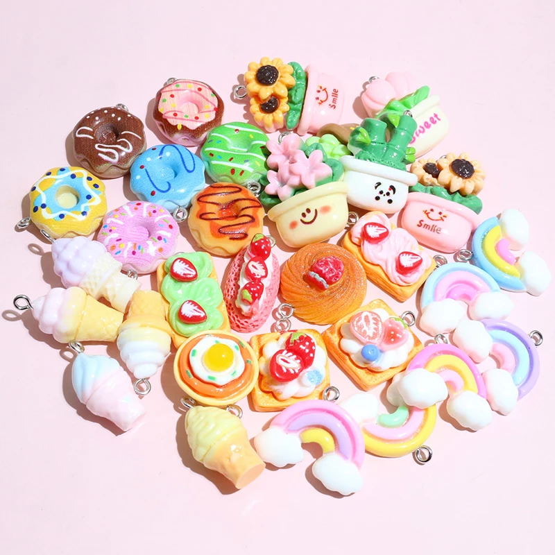 10 ألوان مختلطة الراتنج لطيف كعكة الزهور قوس قزح مصاصة سحر قلادة ديي صنع المجوهرات اكسسوارات المفاتيح قلادة