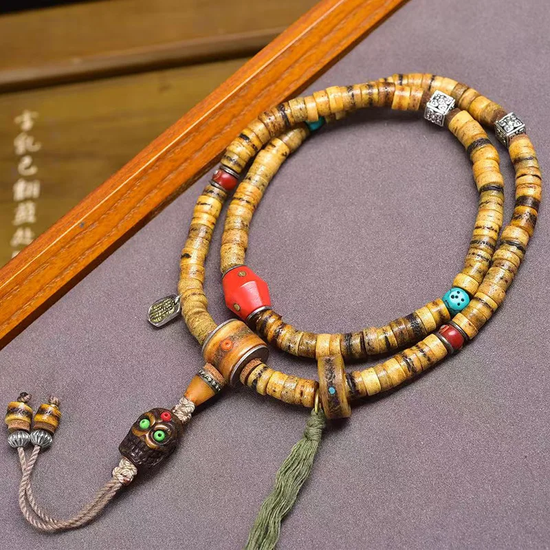 Yak bone 108-bead Buddhist prayer beads, neck pendant collectible item   three-way Buddha head  decorative accessory