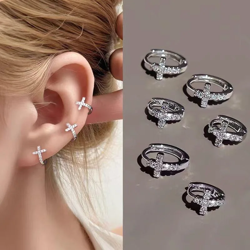 ENSHIR Full Zircon Cross Hoop Cartilage Earring for Women Elegant Versatile Temperament Niche Design Jewelry Gifts Wholesale