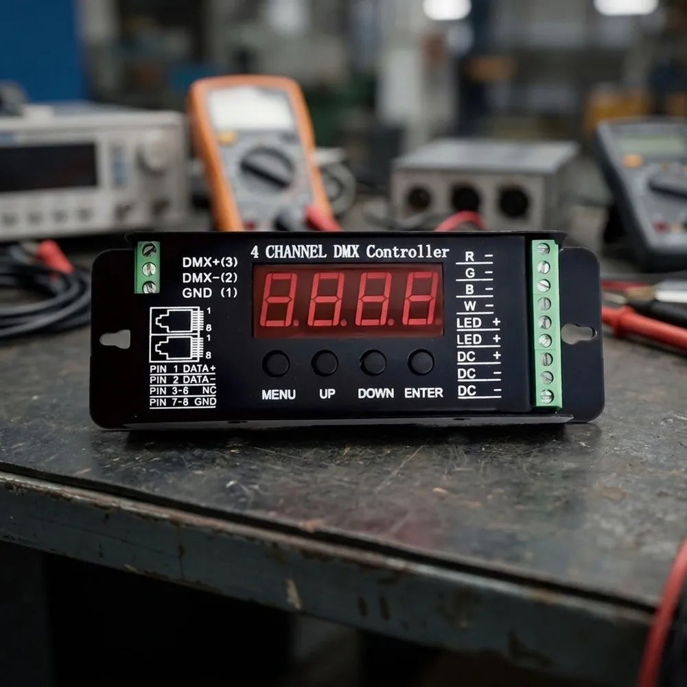 For DMX 0405 4 Channel 5A Decoder For LED Strip Controller Running Light Dimmer For RJ45 Signal Input Metal Housing DC12-24V Bus