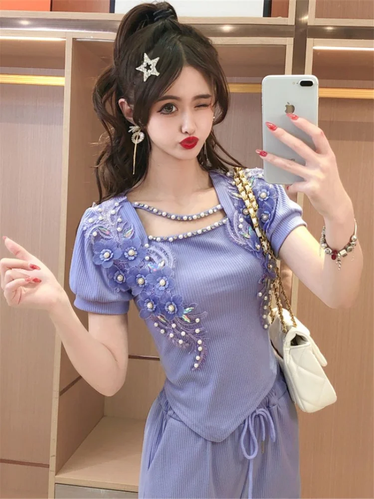 Trousers Woman Top and Purple Pant Sets for Women 2 Pieces Flowers Holiday Outfits Summer 2024 Korea Stylish Korean Style Bottom