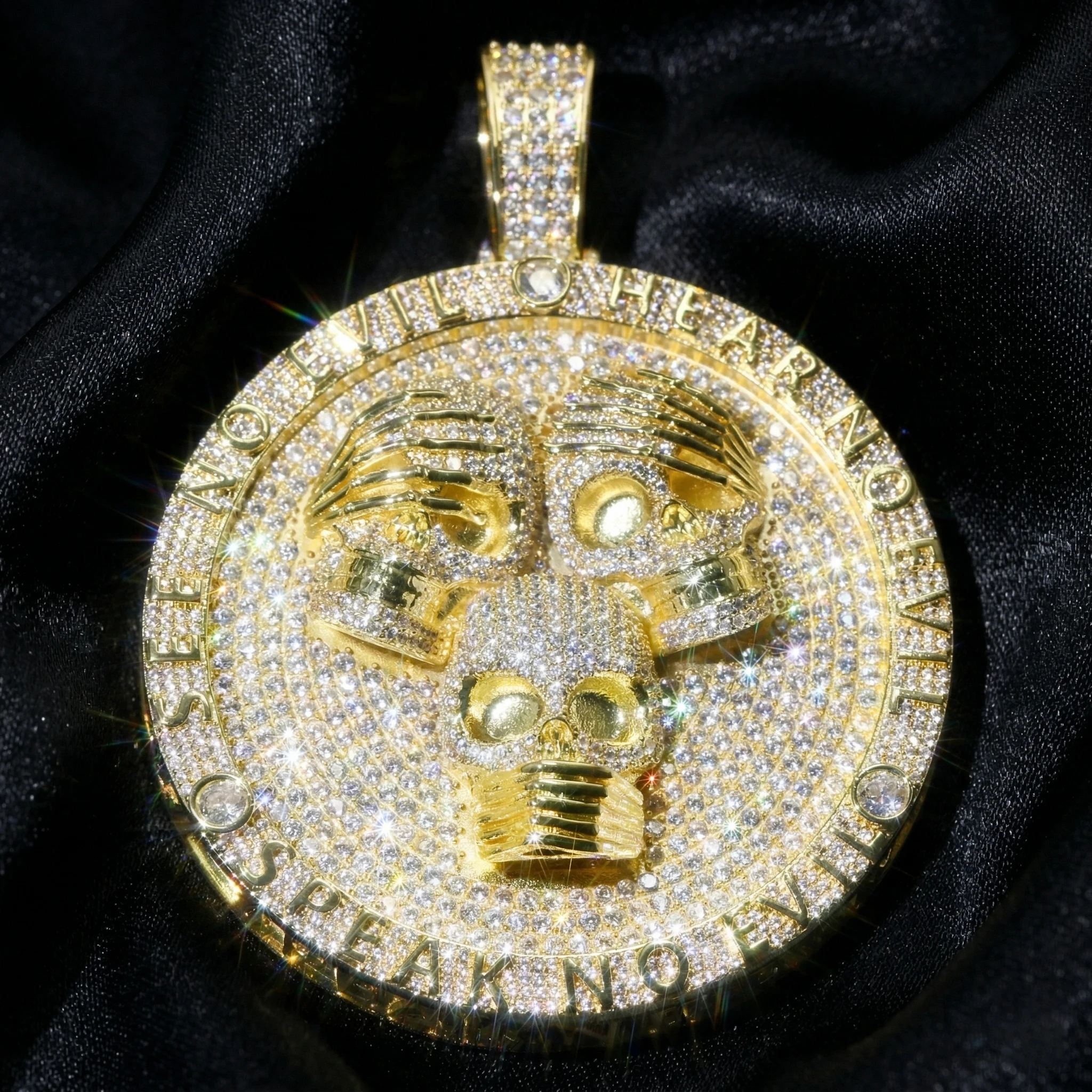 

Большой кулон с тремя обезьянами, инкрустированный стразами, кубинская цепь, череп, украшения для вечеринок, хип-хоп украшения, с сертификатом