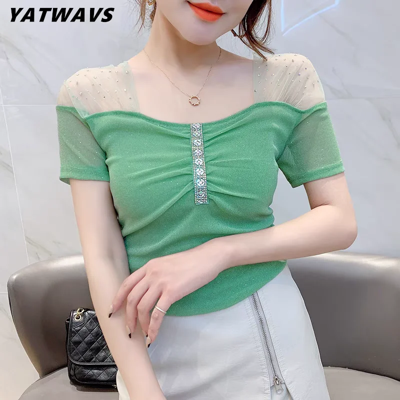 Estate vestiti europei t-shirt Sexy colletto quadrato diamanti lucidi donne top Sweet Girl Chic Off spalla manica corta Mesh Tees