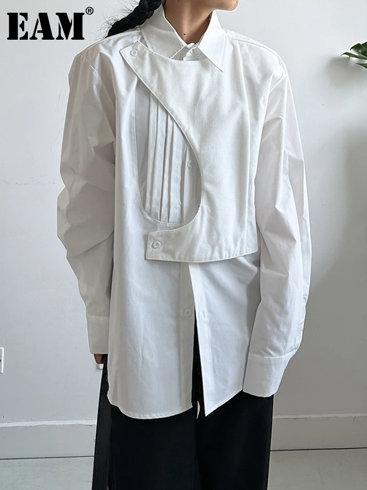 Women White Pleated Casual Blouse Size L M XL