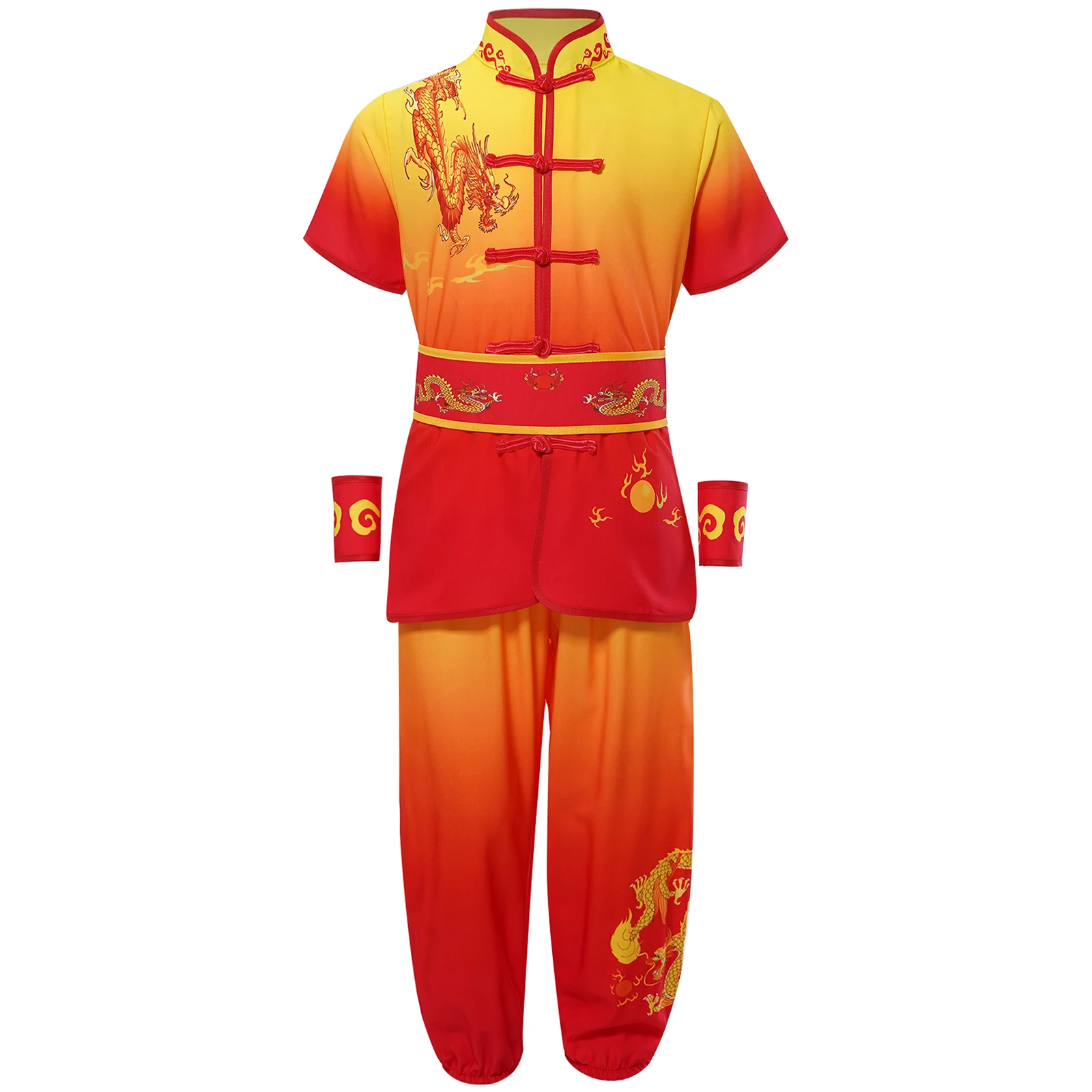 Kids Boys Girls Kung Fu Traditional Chinese Clothing Martial Arts Performance Costume Knot Buttons Tops with Pants Belt Cuffs