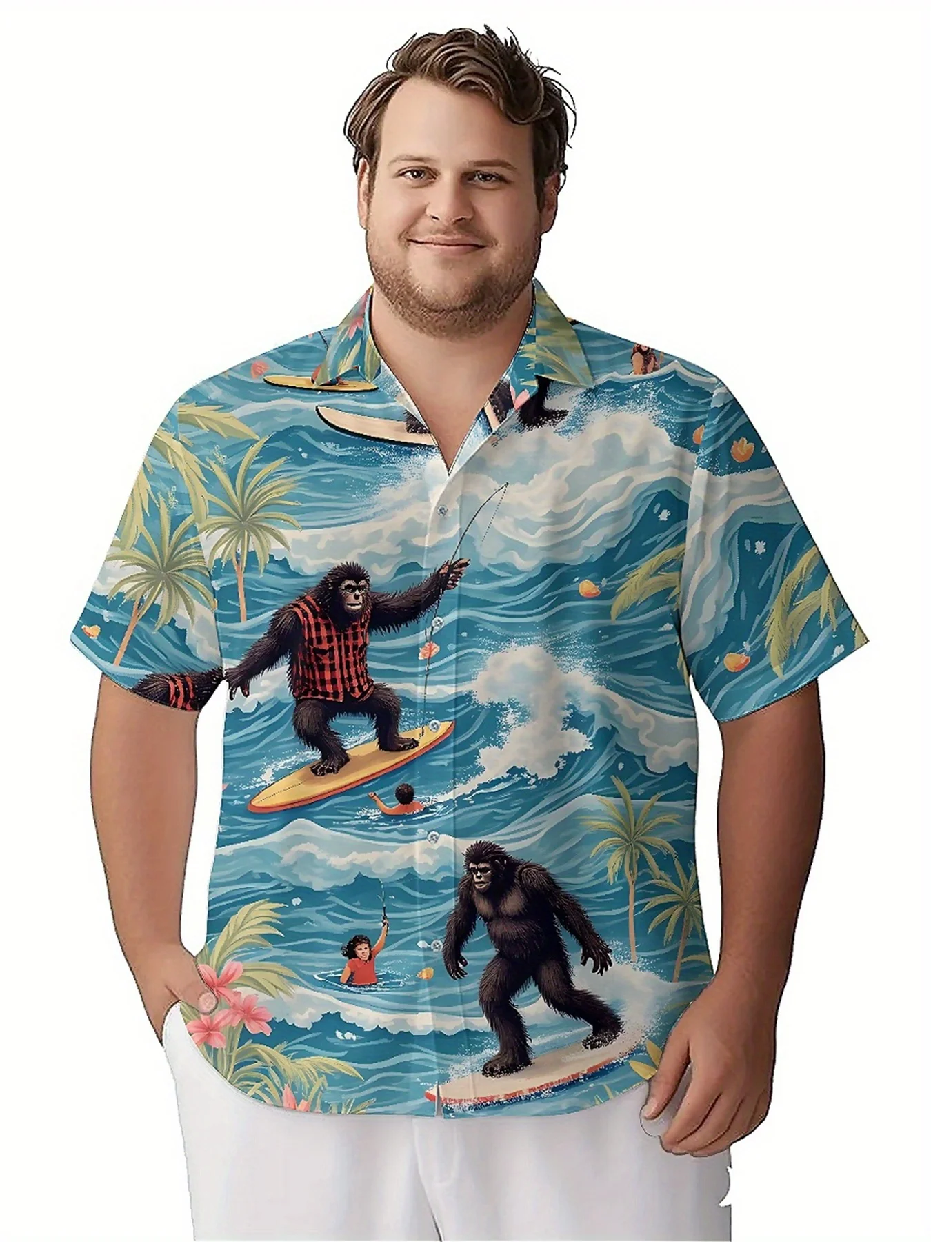 قمصان هاواي مقاس كبير للرجال نمط ركوب الأمواج الغوريلا، قمصان فضفاضة للجنسين ألوها، ملابس صيفية بديلة