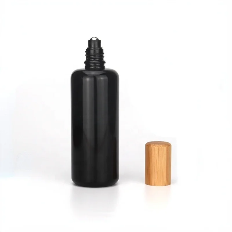 10ml-200ml Eco-Friendly European Black Glass Bottle Cosmetic Roll on Bottle with Bamboo Cap for Massage Oil/essential Oil Liquid