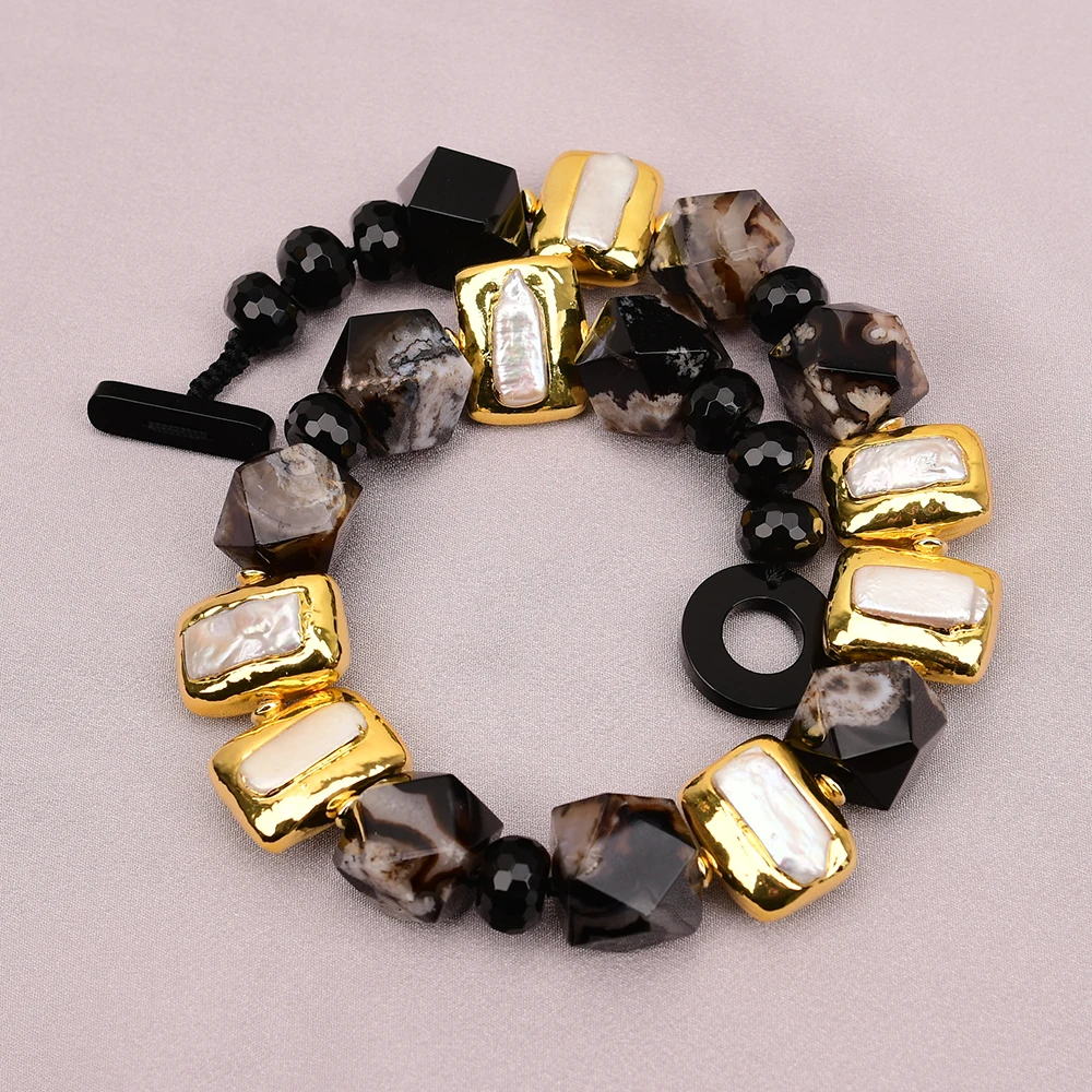 G-G 18'' Natural Mix Black Sakura Quartz Blossom Cherry Agate Gold Edged White Pearl Necklace For Lady