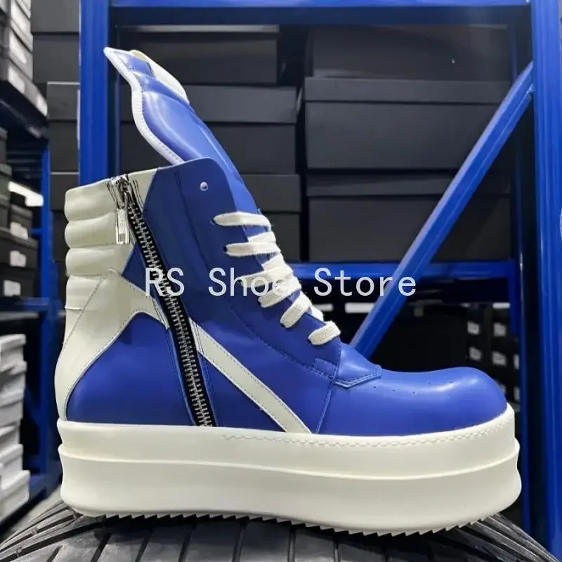 

Ro Luxury Designer Men Shoe Women Sneaker Blue Leather Ankle Boot High Top Casual Shoes Zipper 6cm Thick Sole Boots