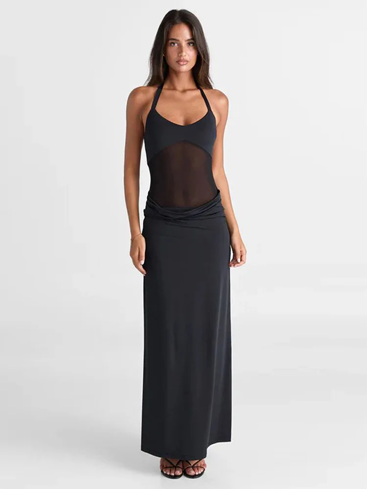 

SKMY Solid Color Women Clothing Summer 2025 New Sleeveless Backless Halter Neck Mesh Patchwork Long Dresses Party Clubwear