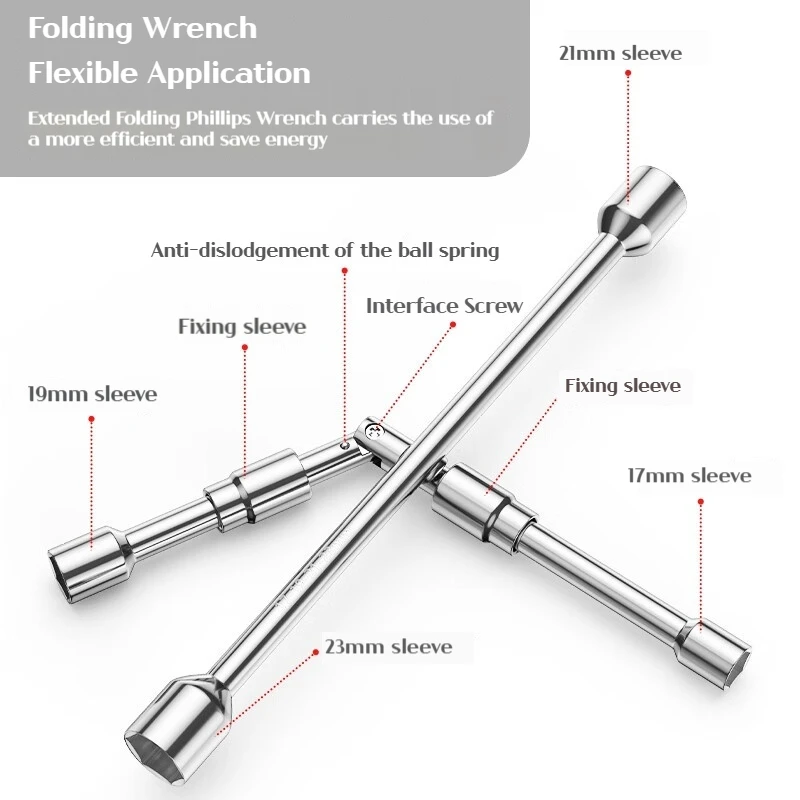 Collapsible socket wrench, made of chromium vanadium steel, comes with four 17/19/21/23mm sockets, work/vehicle hand tools