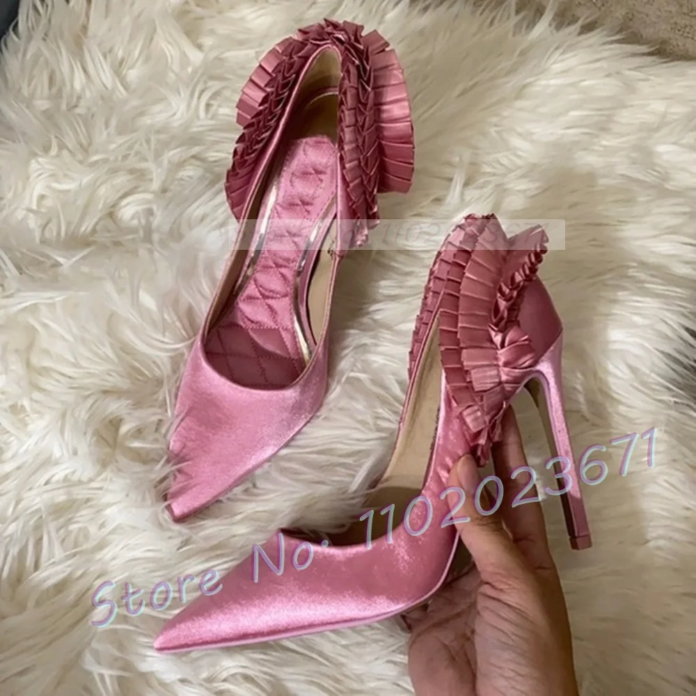 

Pink Ruffles Satin Pumps For Ladies Lovely Pointed Toe Stiletto High Heels Party Shoes Women Girly Summer Elegant New Shoes