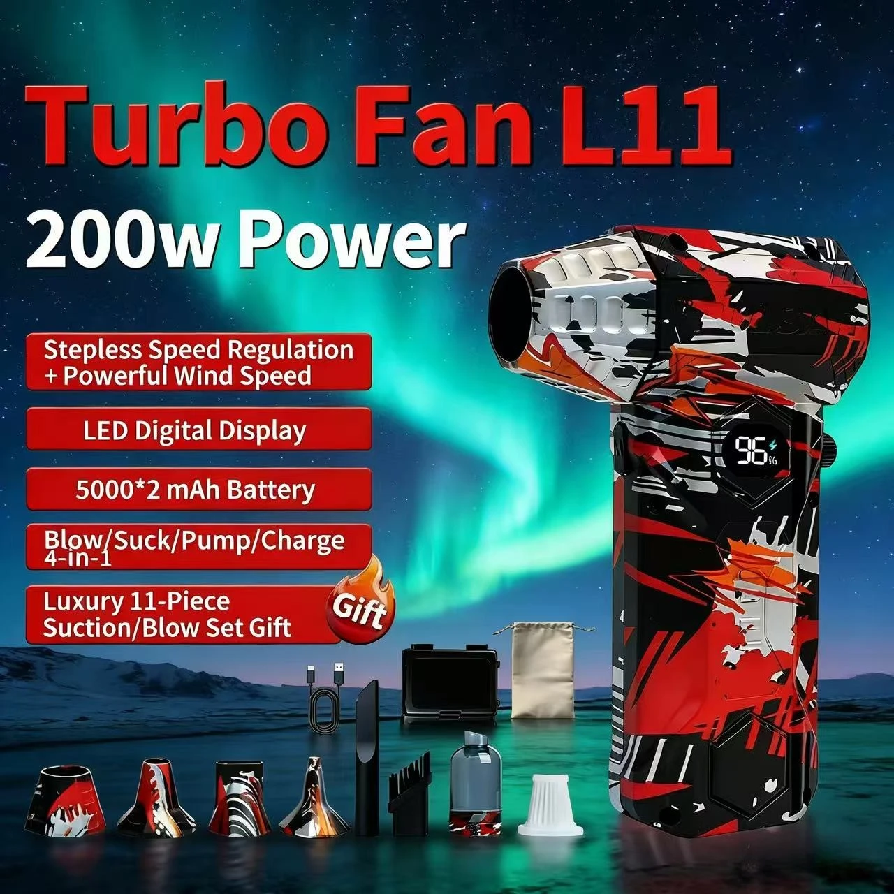 

L11Pro Воздуходувка 650000 об/мин Турбоструйный вентилятор Мощный компьютерный пылеудув Инструменты для очистки Тип-C Перезарядка Портативная ручная дрейка