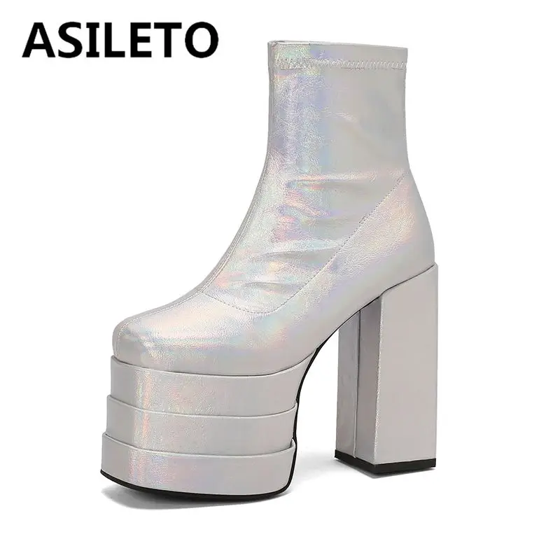 ASILETO Fashion Women Ankle Boots Square Toe Block High Heels 14cm Platform Hill 8cm Zipper Party Booty Large Size 43 44 45 46