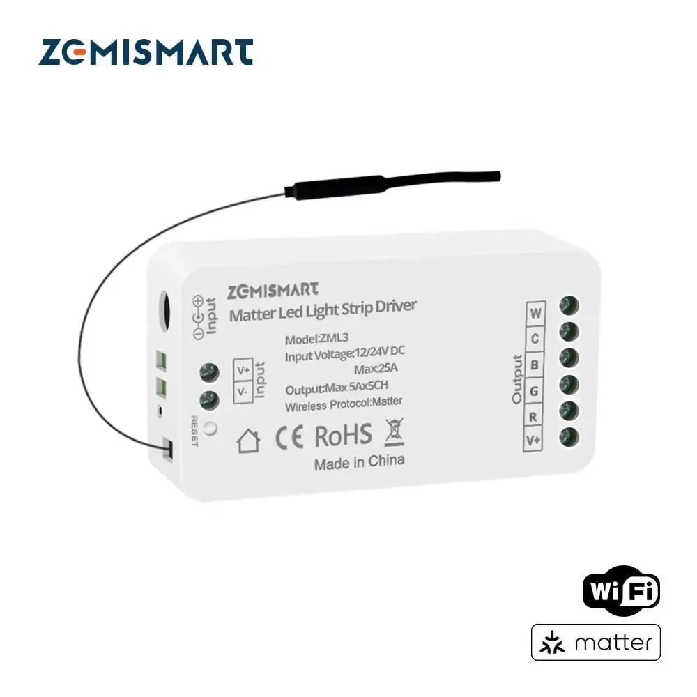 Sterownik do taśmy LED Zemismart Matter RGBCCT DC 12V 24V, kompatybilny z Homekit, Smartthings, Google Home, Alexa, Home Assistant, model ZML3