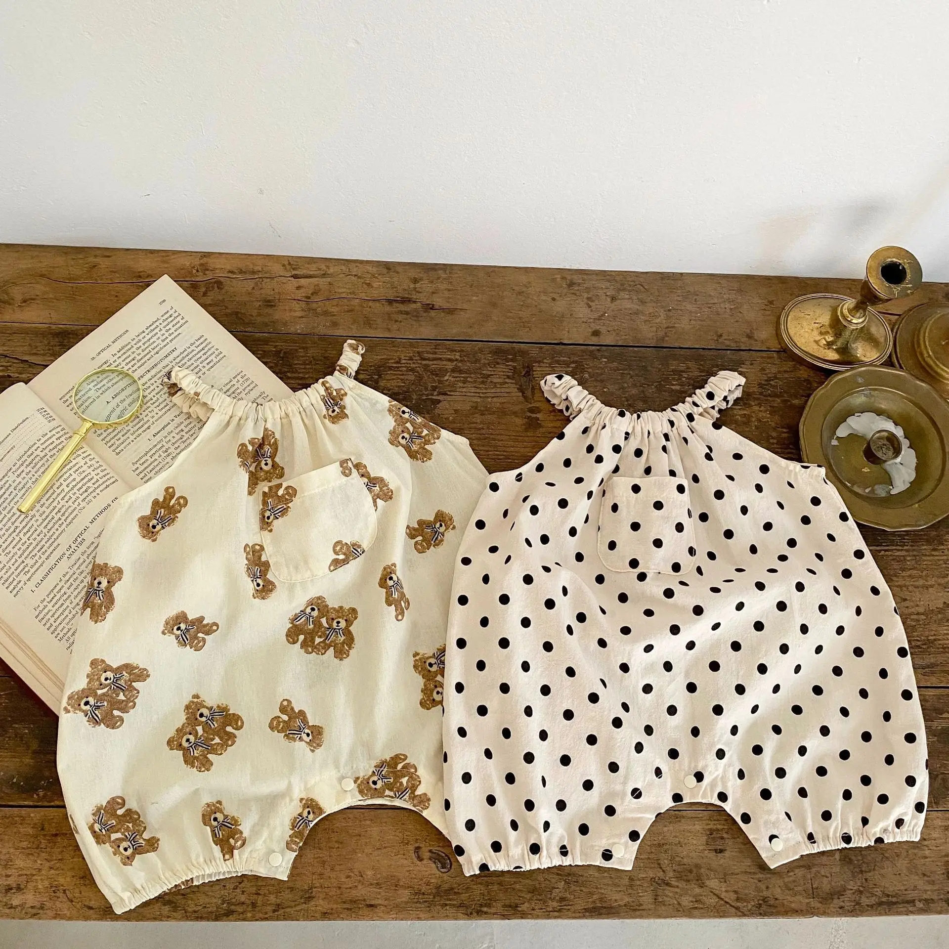 Salopette en coton pour nouveau-né, vêtement d'extérieur pour enfant, fille et garçon, imprimé ours et pois, nouvelle collection été 2023