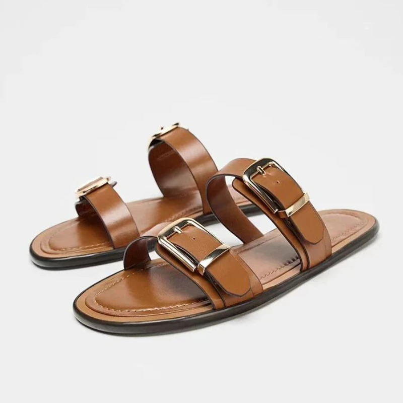 

Женские сандалии на плоской подошве, модные уличные легкие пляжные тапочки с двойной пряжкой, летние повседневные удобные шлепанцы с открытым носком