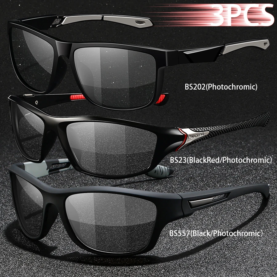 3PCS Photochromic Polarized Sports Vintage Sunglasses Men Women Cycling Driving Mountaineering Chameleon Sun Glasses UV400Eyewer