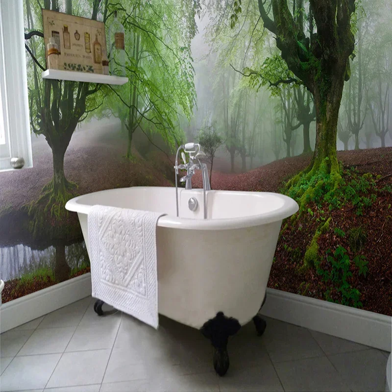 Custom Self-adhesive Bathroom Mural Wallpaper 3D Forest Landscape Nature Wall Painting PVC Waterproof Papel De Parede 3D