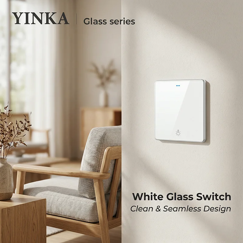 YINKA Tempered Glass Wall Switch Socket 86 Type Square Box EU FR UK Standard Power Outlet Panel Modern Home Electrical Series